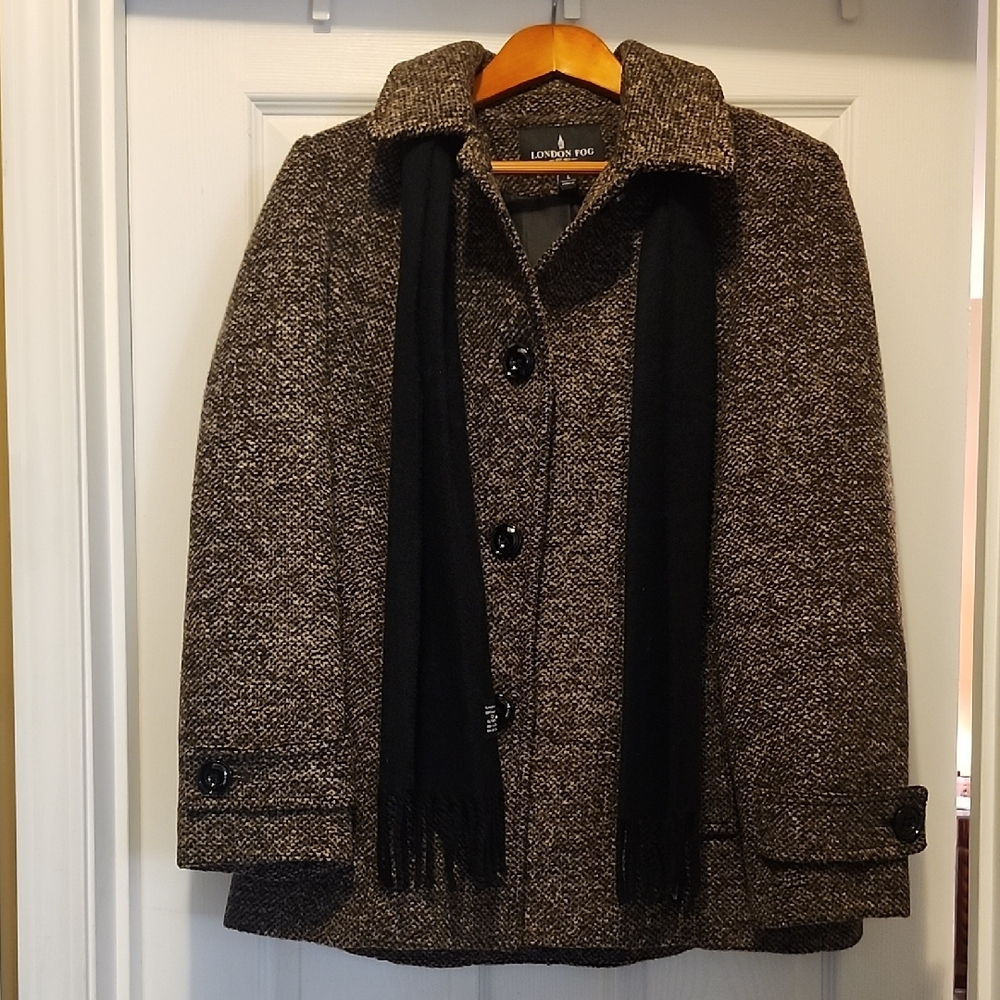 London Fog Brown Tweed Pea Coat with Black Details